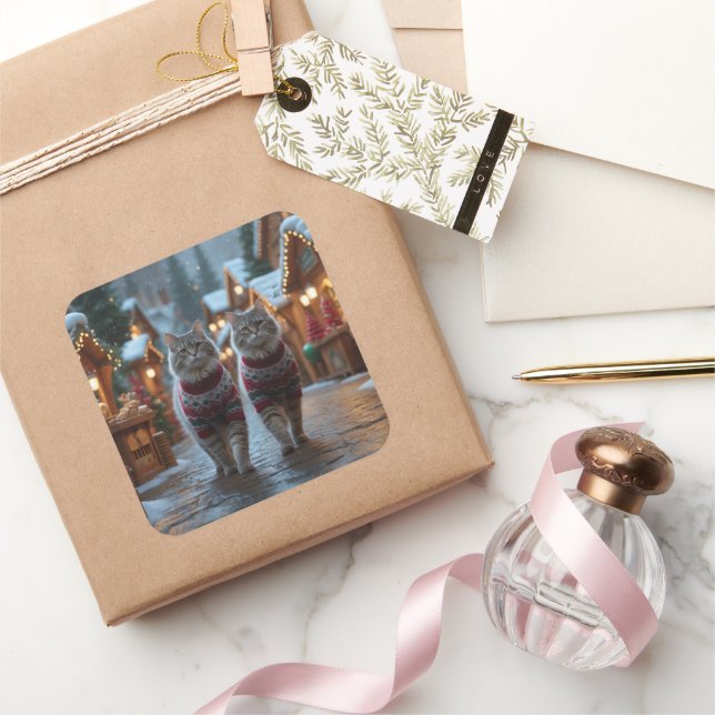 Pegatina Cuadrada Siberian Cats Christmas Snow Holiday  (Regalar)