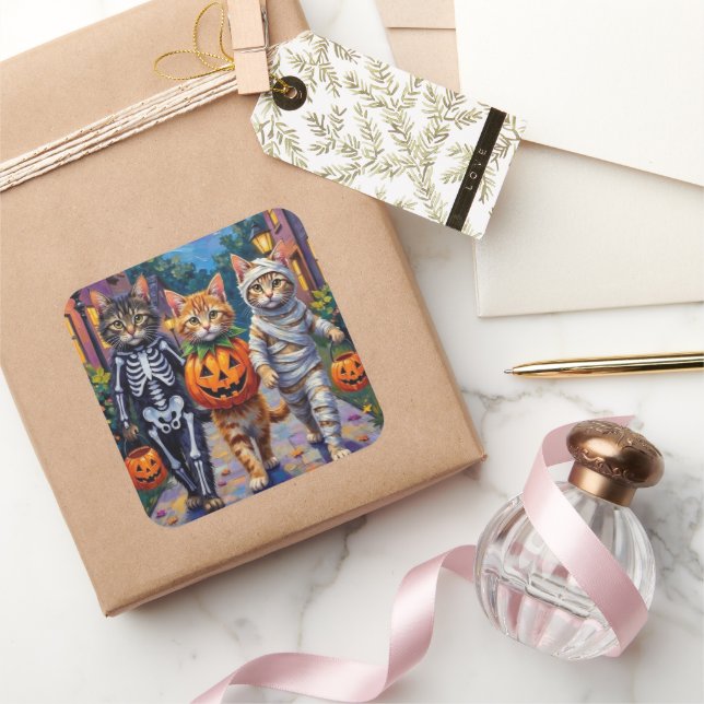 Pegatina Cuadrada Siberian Cats Trick-or-Treating Halloween Costumes (Regalar)
