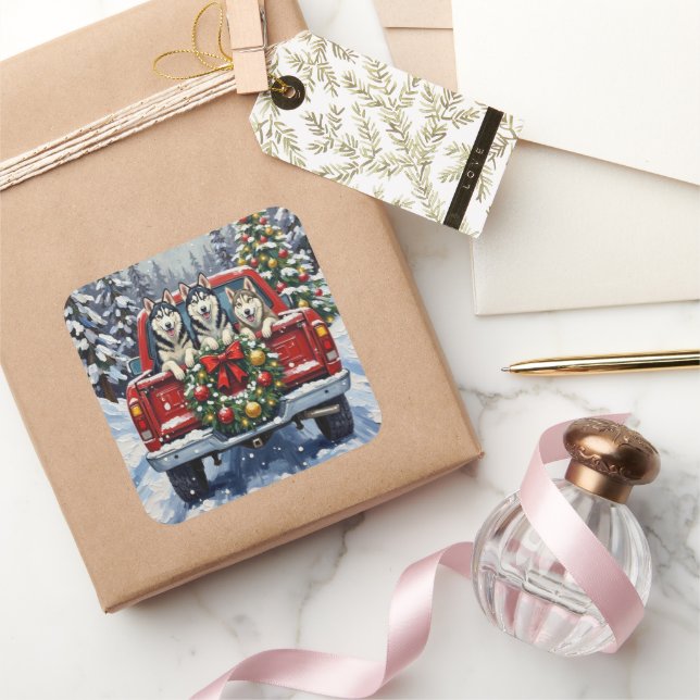 Pegatina Cuadrada Siberian Husky Christmas Red Truck Holiday (Regalar)