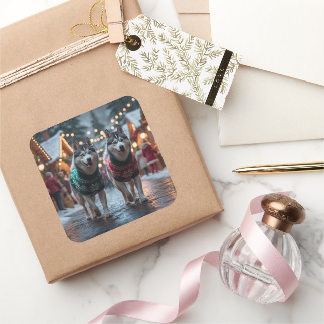 Pegatina Cuadrada Siberian Husky Dogs Christmas Snow Holiday  (Regalar)