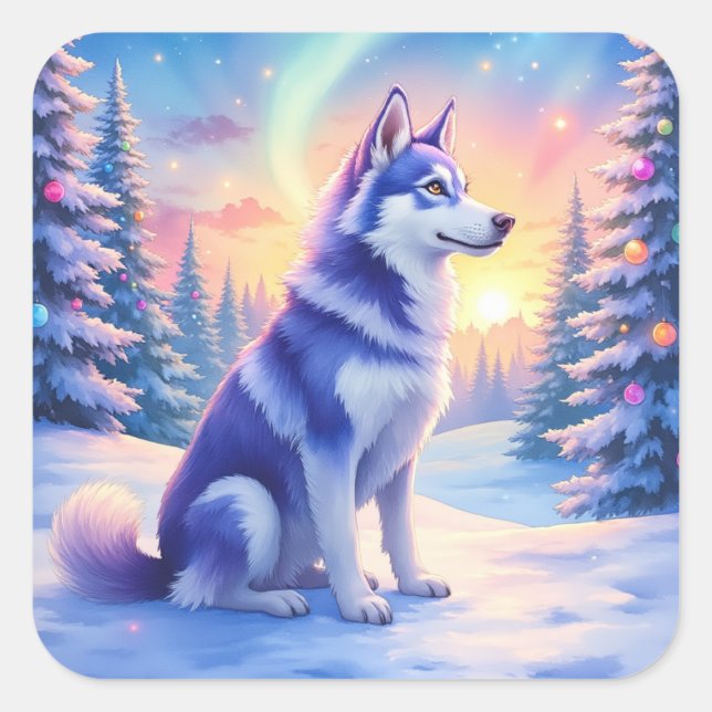 Pegatina Cuadrada Siberian Husky Northern Lights Christmas Winter (Anverso)