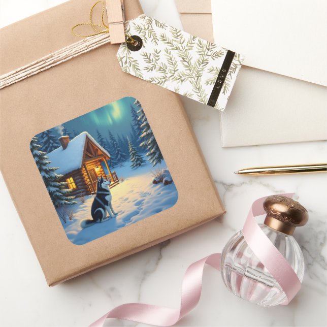 Pegatina Cuadrada Siberian Husky Snowy Cabin Christmas Painting (Regalar)
