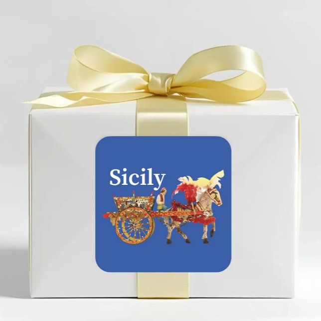 Pegatina Cuadrada Sicily Cart and Horse Carretto Siciliano Blue (Sicily traditional horse and cart Blue sticker - Sicilian heritage carretto siciliano)