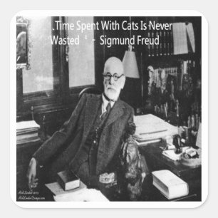Pegatina Cuadrada Sigmund Freud En Su Oficina Y Funny Cat Cita