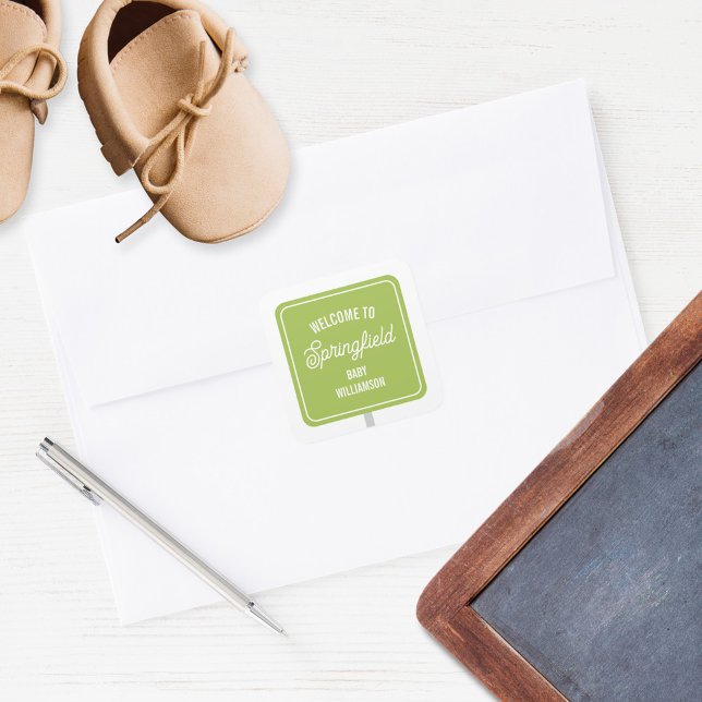 Pegatina Cuadrada Signo de bienvenida de pueblo Baby Shower verde (Subido por el creador)