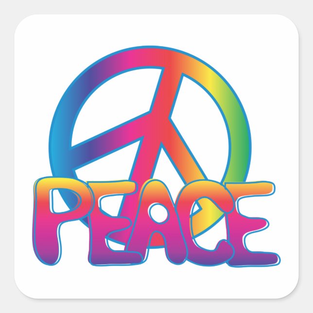 Pegatina Cuadrada Signo de Paz Arcoíris Retro Hippie (Anverso)