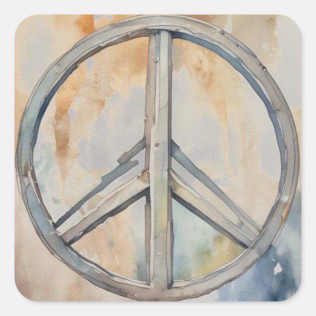 Pegatina Cuadrada Signo de paz Arte de pintura acuarela (Anverso)