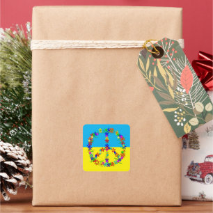 Pegatina Cuadrada Signo de paz con flores, botón de bandera ucrania