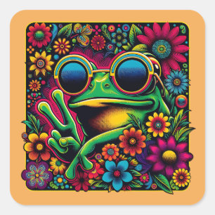 Pegatina Cuadrada Signo de paz de rana genial y divertida