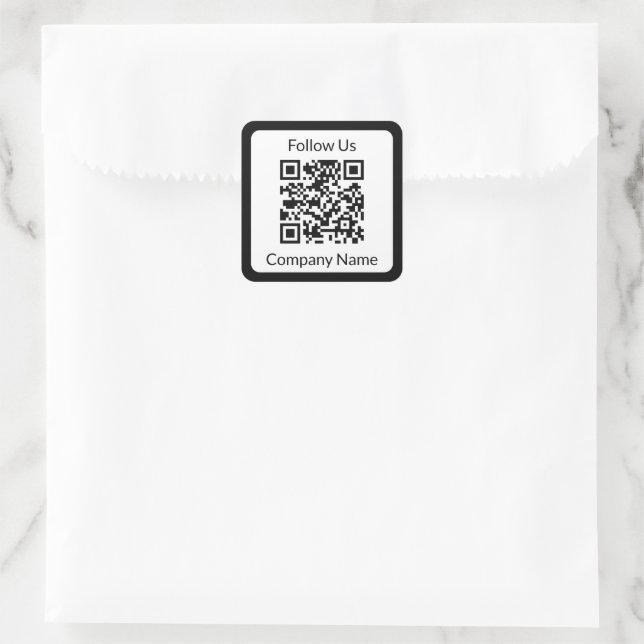 Pegatina Cuadrada Síguenos Código QR de nombre de negocio en blanco  (Bolso)
