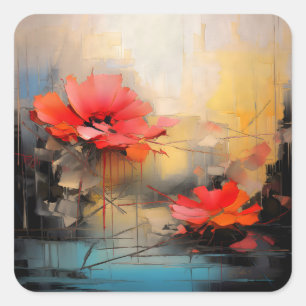 Pegatina Cuadrada Silencio Carmesí – Amapolas Abstractas en Luz Urba