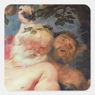Pegatina Cuadrada Silenus borracho apoyado por Satyrs, c.1620