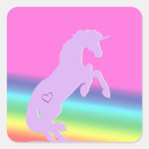 Pegatina Cuadrada Silhouette de Lavender Unicorn (fondo arco iris)