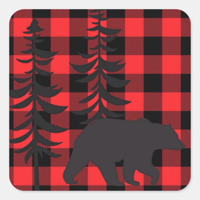 Pegatina Cuadrada Silhouette de oso negro trenzado rojo (Anverso)