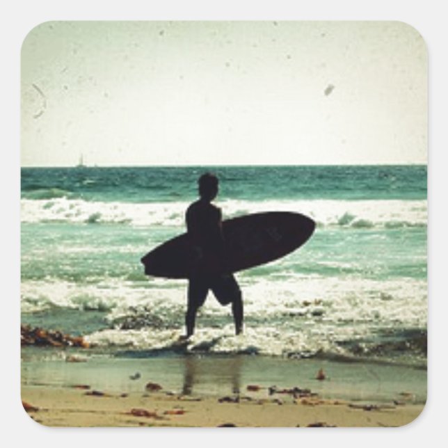 Pegatina Cuadrada Silhouette de Surfer de Estilo Vintage (Anverso)