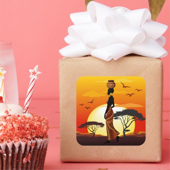 Pegatina Cuadrada Silhouette de una bella mujer africana sobre los S (Fiesta)