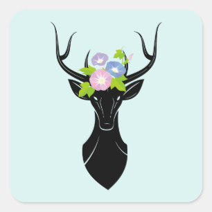 Pegatina Cuadrada Silhouette Deer Buck Morning Flores de gloria Anim