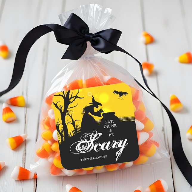 Pegatina Cuadrada Silhouette Halloween (Wicked witch silhouette Halloween 3" square stickers)