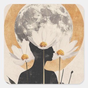 Pegatina Cuadrada Silhouette iluminada por luna - Boho Vintage Elega