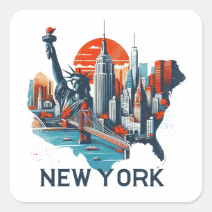 Pegatina Cuadrada Silhouette Retro New York Skyline