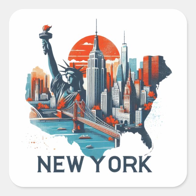 Pegatina Cuadrada Silhouette Retro New York Skyline (Anverso)