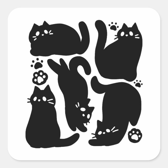 Pegatina Cuadrada Silhouettes de gato negro - Diseño felino lindo (Anverso)