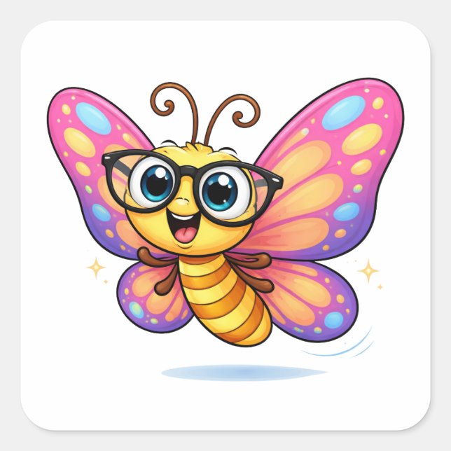 Pegatina Cuadrada Silly Butterfly Cartoon With Glasses (Anverso)