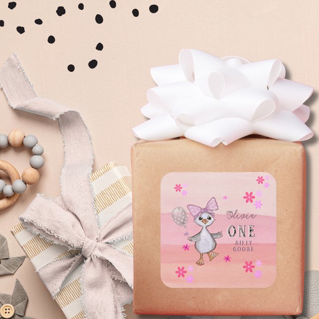 Pegatina Cuadrada Silly Goose 1er cumpleaños Bow rosado (Silly Goose 1st Birthday Pink Bow Square Sticker

)