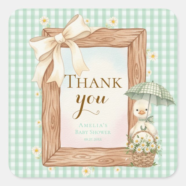 Pegatina Cuadrada Silly Goose Baby Shower Thank You Sticker (Anverso)