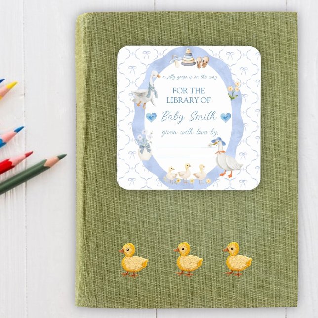 Pegatina Cuadrada Silly Goose Bow Baby Boy Shower Book Plate (Subido por el creador)
