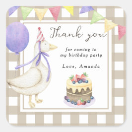 Pegatina Cuadrada Silly Goose fiesta de cumpleaños gracias