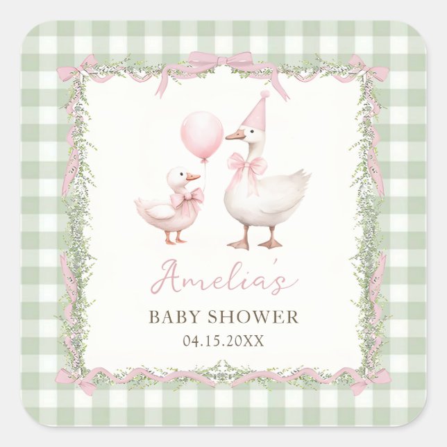 Pegatina Cuadrada Silly Goose Green Gingham Baby Shower Sticker (Anverso)