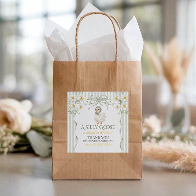 Pegatina Cuadrada Silly Goose Sage Green Gender Neutral Baby Shower (Subido por el creador)