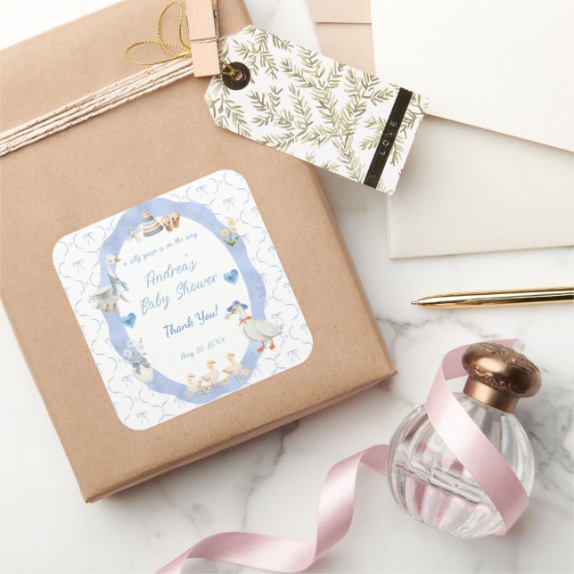 Pegatina Cuadrada Silly Goose Whimsical Bow Baby Boy Shower (Regalar)
