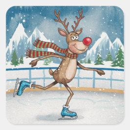 Pegatina Cuadrada Silly Skinny Rudolph en los Navidades de patinaje 