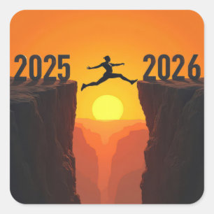 Pegatina Cuadrada Silueta de Año Nuevo 2027 saltando un acantilado