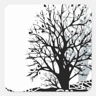 Pegatina Cuadrada Silueta de árbol negro moderno abstracto sombra bl