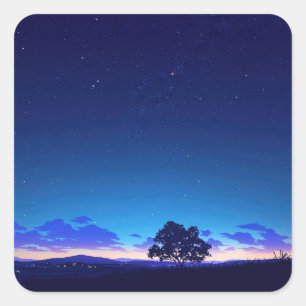Pegatina Cuadrada Silueta de árbol solitario bajo el cielo nocturno 