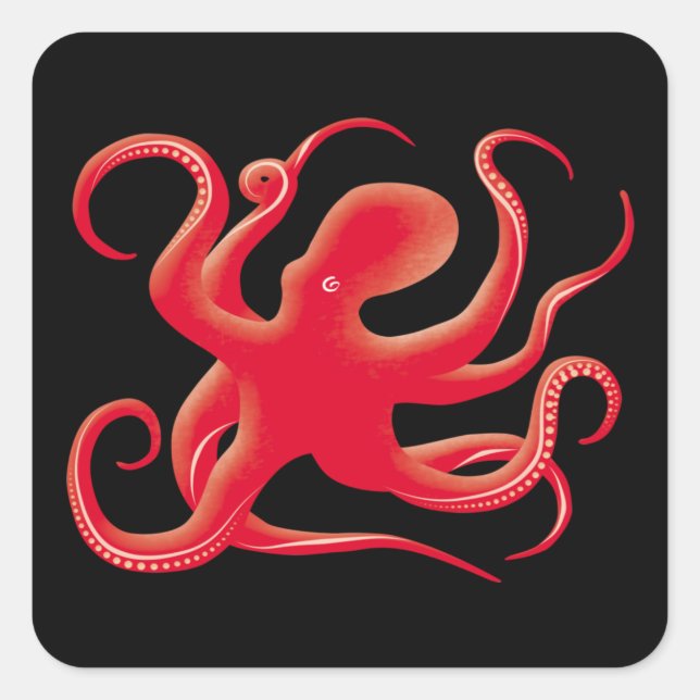 Pegatina Cuadrada Silueta de arte octopus de vector rojo simple (Anverso)