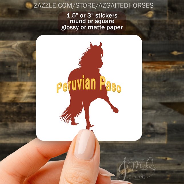Pegatina Cuadrada Silueta de caballo peruano de paso negrita Textos (Sticker with chestnut silhouette of a Peruvian Paso horse and bold yellow text “Peruvian Paso.”)