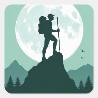 Pegatina Cuadrada Silueta de excursionista en la cima con luna y mon