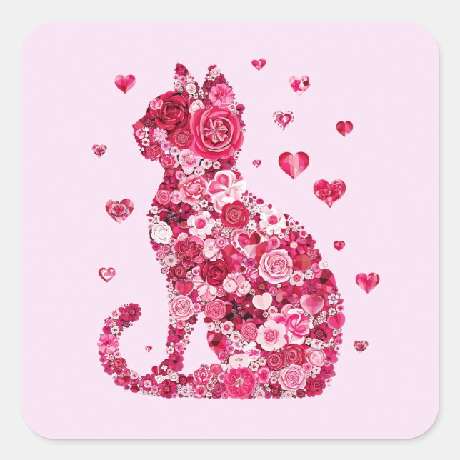 Pegatina Cuadrada Silueta de gato floral ArtFaux tela envuelta (Anverso)