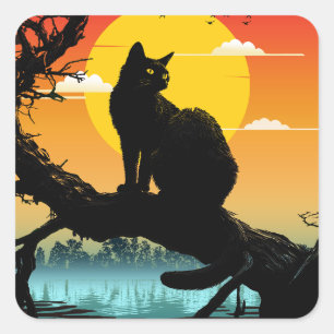 Pegatina Cuadrada Silueta del gato y el árbol al atardecer