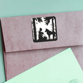 Pegatina Cuadrada Silueta negra Red Riding Hood Wolf Woods