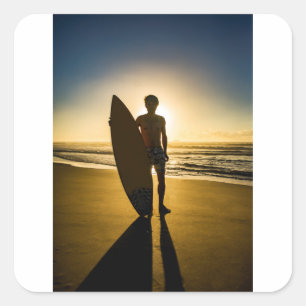 Pegatina Cuadrada Silueta surfista al amanecer