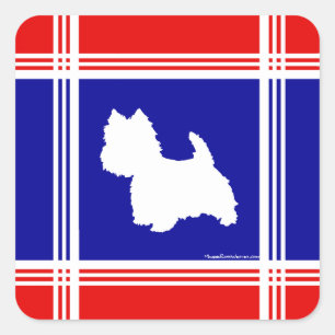 Pegatina Cuadrada Silueta Westie Rojo, Blanco, Azul