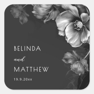 Pegatina Cuadrada Silver Black Floral   Boda