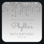Pegatina Cuadrada Silver Glitter Drip 80th Birthday Party Thank You<br><div class="desc">These chic 80th birthday party thank-you stickers feature a sparkly silver faux glitter drip border and silver ombre background. The words "Thank you for coming!" appear in gray. Personalize them with her name in handwriting script,  along with her birthday and date below.</div>