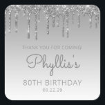 Pegatina Cuadrada Silver Glitter Drip 80th Birthday Party Thank You<br><div class="desc">These chic 80th birthday party thank-you stickers feature a sparkly silver faux glitter drip border and silver ombre background. The words "Thank you for coming!" appear in gray. Personalize them with her name in handwriting script,  along with her birthday and date below.</div>