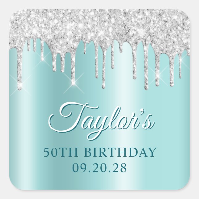 Pegatina Cuadrada Silver Glitter Drips Light Turquoise Drop Shadow (Anverso)